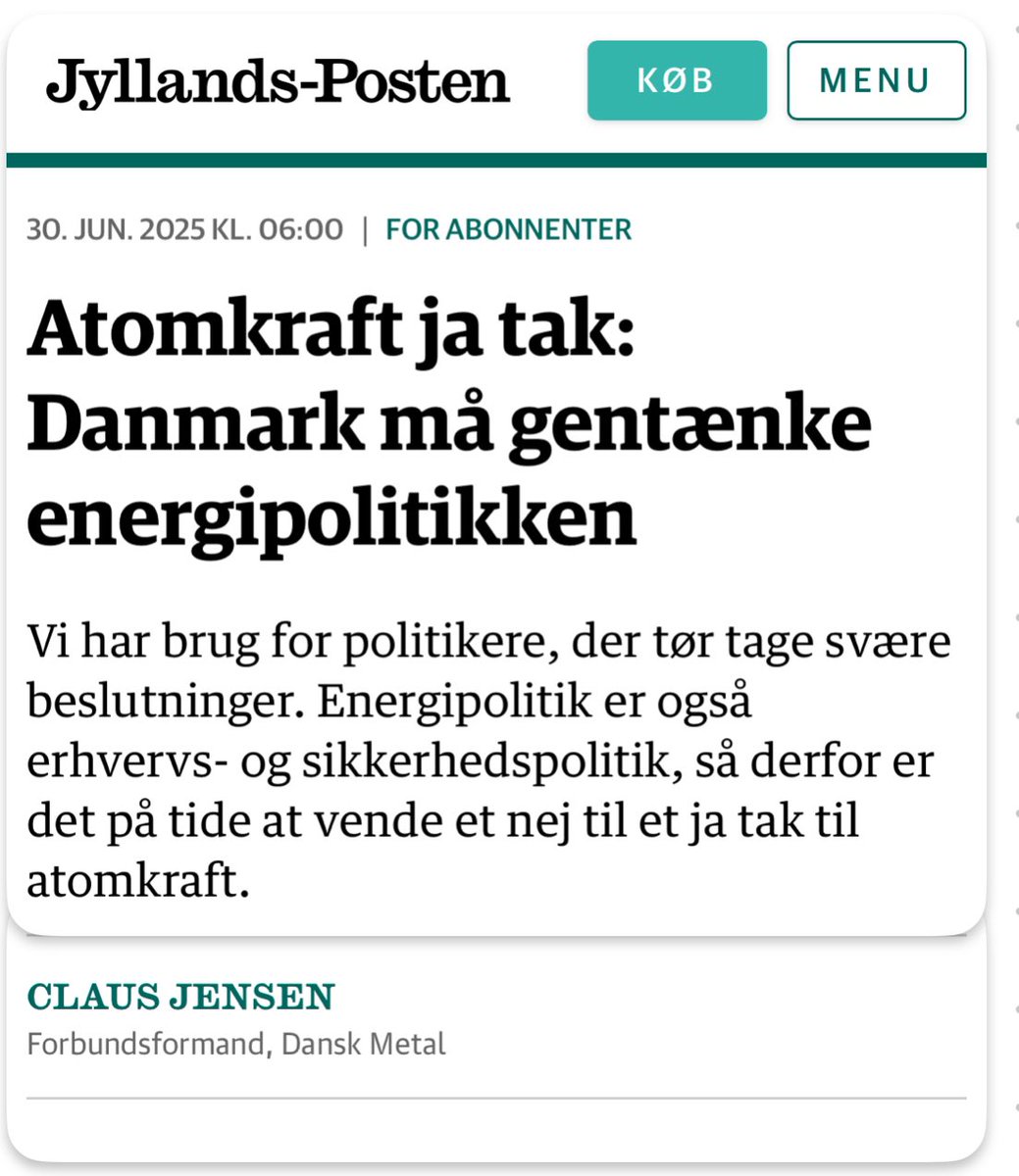 Så har en stor dansk fagforening også set lyset. Vi skal have banet vejen for atomkraft 🙏

Tak til Dansk Metal for at melde klart ud. 

Danske arbejdspladser er helt afhængige af at vi har stabil grøn energi nok. Det har vi kurs mod ikke at have. Og for meget af den energi vi