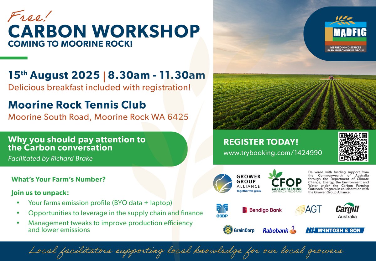 Not sure what farm emissions mean for your business?
 
We’re here to unpack it! No fluff, no jargon. Ask your questions at our upcoming Carbon Workshops facilitated by <a href="/rich_brake/">Richard Brake</a>

🌿 Merredin – Aug 14 &amp;
🌿 Moorine Rock – Aug 15
bit.ly/MADFIGevents

<a href="/GGA_WA/">Grower Group Alliance</a>