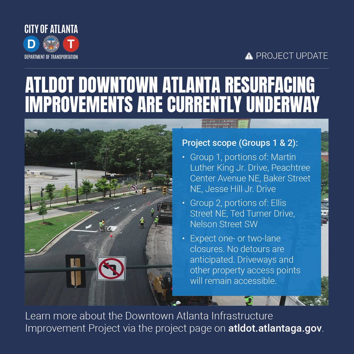In case you missed it, streets across Downtown Atlanta are being revitalized! ATLDOT is repaving roadways in the heart of our city. We're working to ensure our core streets are in shape for the area's abundant activities and travelers.
#AtlantaTraffic #ATLTraffic #DowntownAtlanta