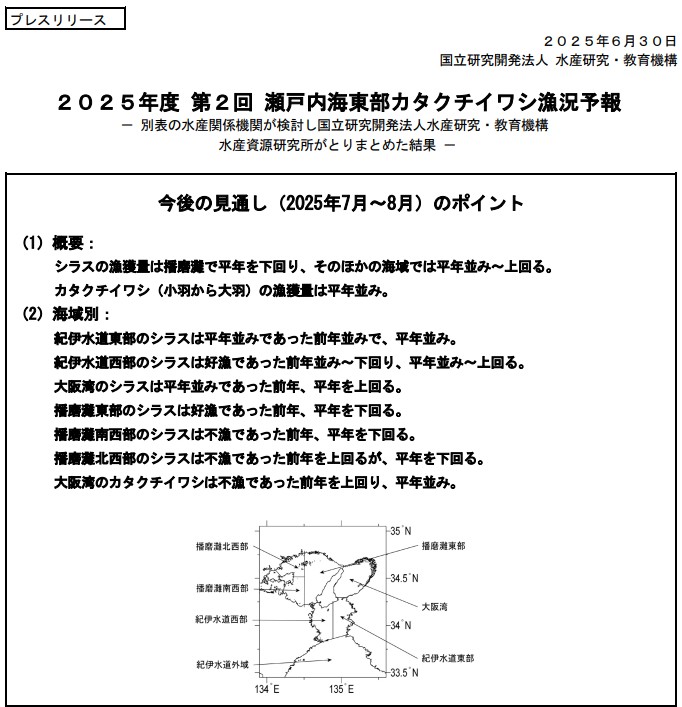 fra_go_jp's tweet image. 【プレスリリース】
「2025年度第2回瀬戸内海東部カタクチイワシ漁況予報」をプレスリリースしました。
fra.go.jp/home/kenkyusho…
#水産研究_教育機構 #プレスリリース #FRA_プレスリリース