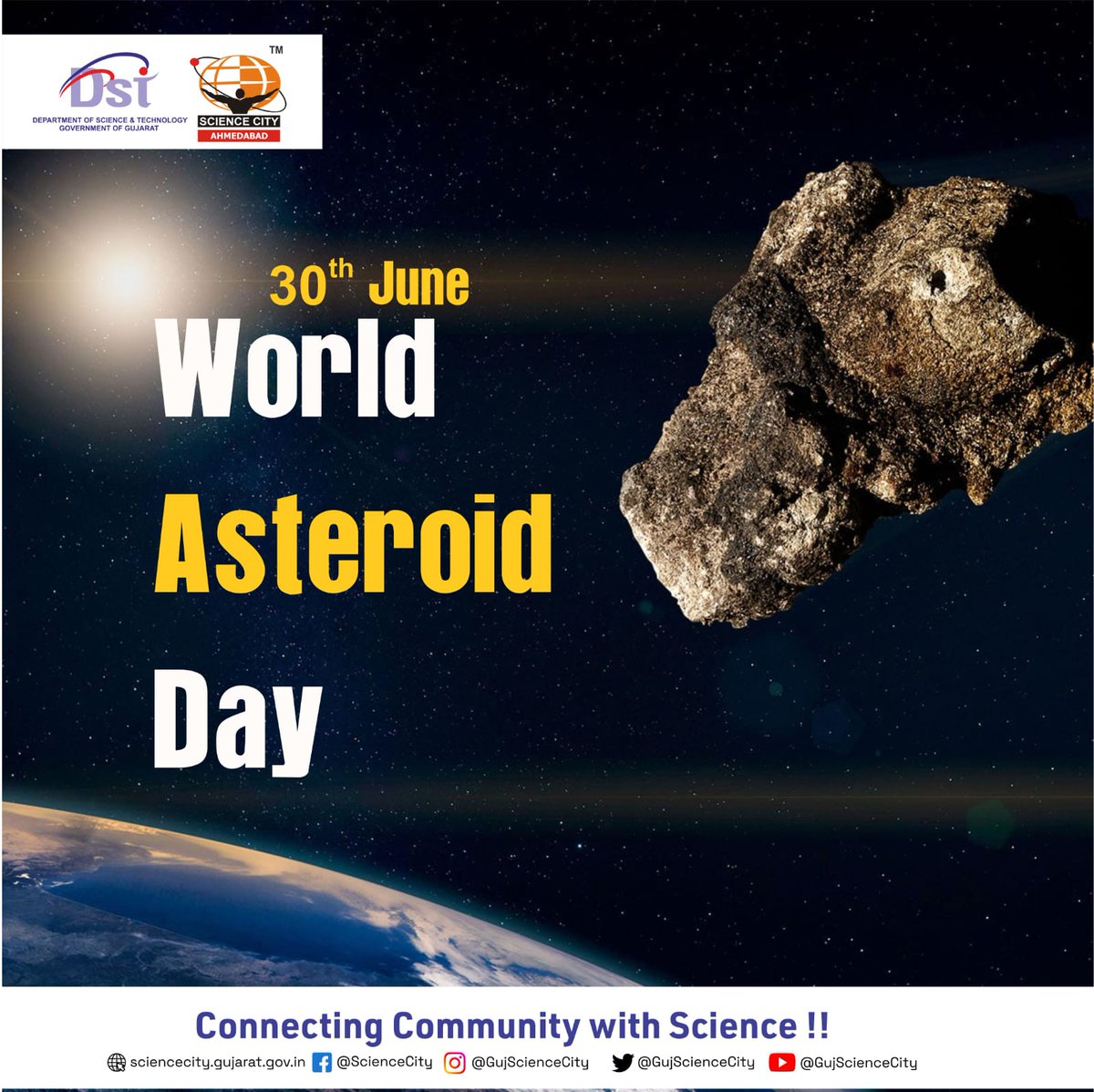 GujScienceCity's tweet photo. A day to raise awareness about asteroids and the role they play in our solar system!
Let’s explore the mysteries of space and learn how understanding asteroids can help protect our planet.
#WorldAsteroidDay #ScienceCityAhmedabad #ExploreTheUniverse #SpaceAwareness #AsteroidEducation #GujaratScienceCity #AstronomyDay @PMOIndia @CMOGuj @GovernorofGuj @IndiaDST @DSTGujarat @InfoGujarat @drvrajesh