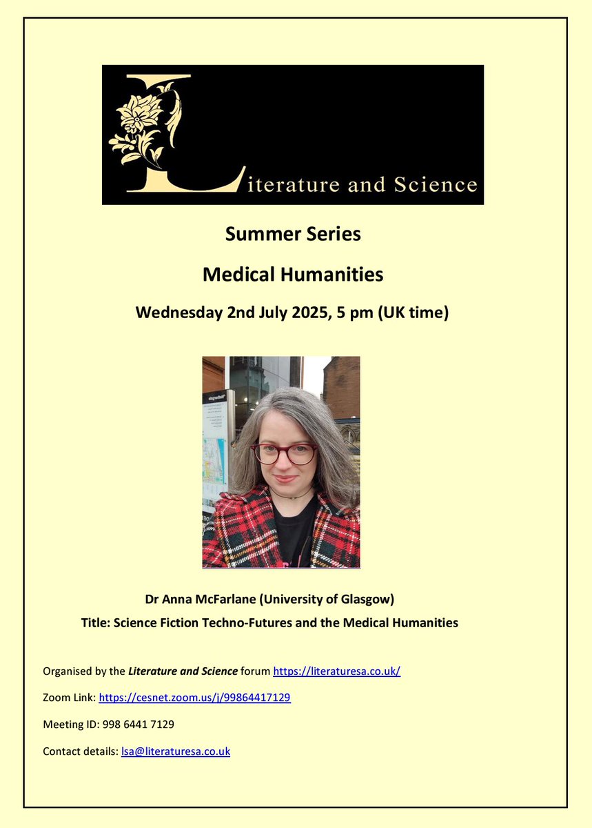 🤩📢Join us for Dr Anna McFarlane's talk on science fiction techno-future and the medical humanities (2 July, 5 pm UK time).

Zoom link:
cesnet.zoom.us/j/99864417129

<a href="/Curtis_Chthonic/">Dr Curtis Runstedler</a>
<a href="/_sophiefranklin/">Sophie Franklin</a>
#medicalhumanities #literature #aryaaryan  #sciencefiction #technofuture