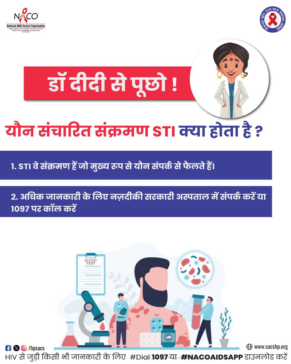 यौन संक्रमण का पूर्ण उपचार संभव है- 
आज ही अपने नज़दीकी सरकारी स्वास्थ्य केंद्र के सुरक्षा क्लिनिक में जाएँ #EKAISIDUNIYA #TAKETHERIGHTSPATH #HIVTesting #GetTested #KnowYourHIVStatus #Dial1097 #KnowAIDS