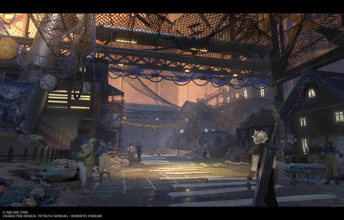 FFVIIR_CLOUD's tweet image. 【開発アート紹介:アンダージュノン】
水没したジュノン共和国の首都から逃げ延びた人々が集まってできた集落。
以前は沿岸漁業が盛んだったが、神羅が海底に魔晄炉を建設した影響で海が汚染され、漁獲量は下降の一途をたどっている。
ーーー
3枚目は、広場で昔話をする老人のスケッチのアートです。…