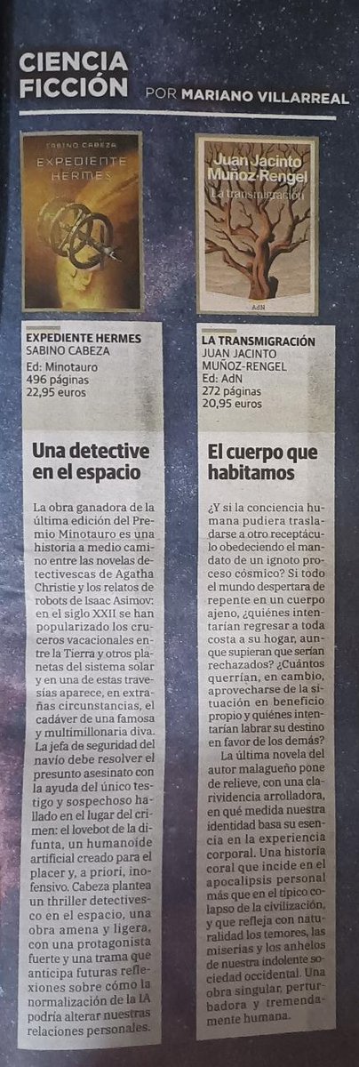 Oye Literfan ¿me recomiendas un par de novelas españolas para el verano?
-Expediente Hermes: cruce entre las novelas de Agatha Christie y los relatos de robots de Asimov
-La transmigración: en qué medida nuestra identidad se basa en la experiencia corporal
literfan.cyberdark.net/2025/LecturasV…