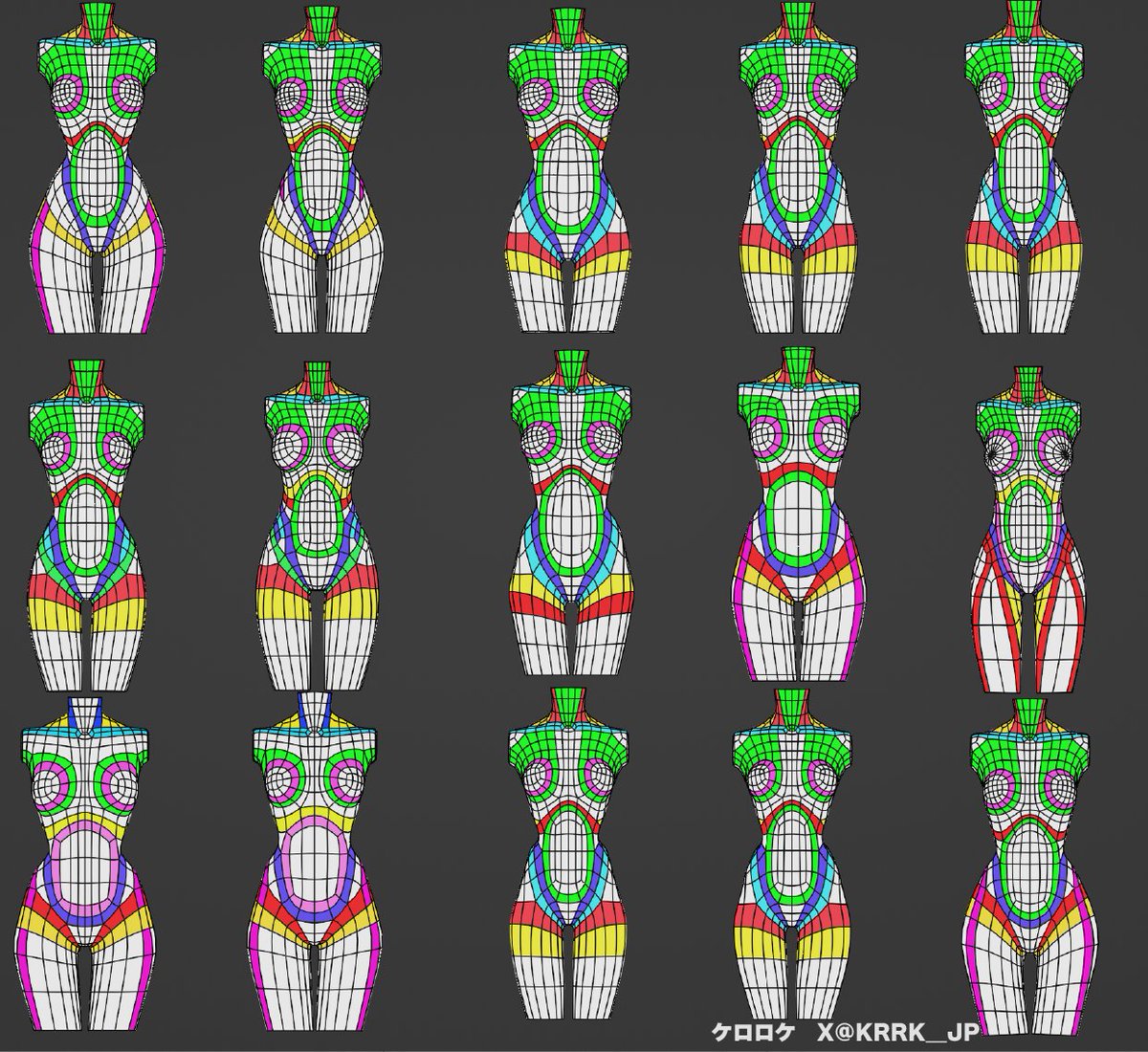 KRRK_JP's tweet image. 毎日投稿 トポロジーTips（5/10） 
色々な素体トポロジー

BOOTHにて販売中
#blender #3DCG