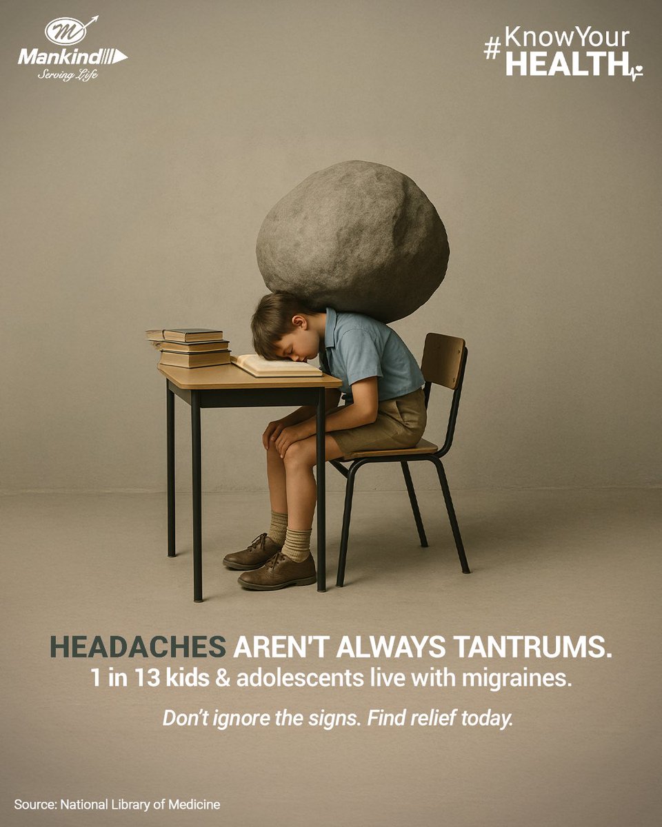 Between 7.7% and 9.1% of children and youth under20 globally are estimated as suﬀering from migraine issues. Itʼs not just an adult disease, and can be treated with the right attention and care.

#KnowYourHealth #Migraine 
#AwarenessMonth #Mankind #MankindPharma #ServingLife