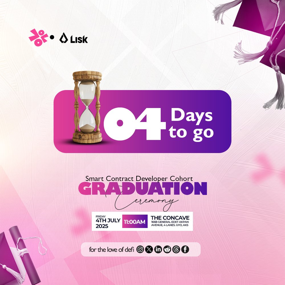 Just 4 DAYS to go until the big day! 🎉🎉

The first-ever Smart Contract Developers graduation is happening, and we’re celebrating BIG! 🎉

The future is here, and our graduates are leading the charge! 🎓
You don’t want to miss this monumental moment! 🤩

Details:
📆 4th July,