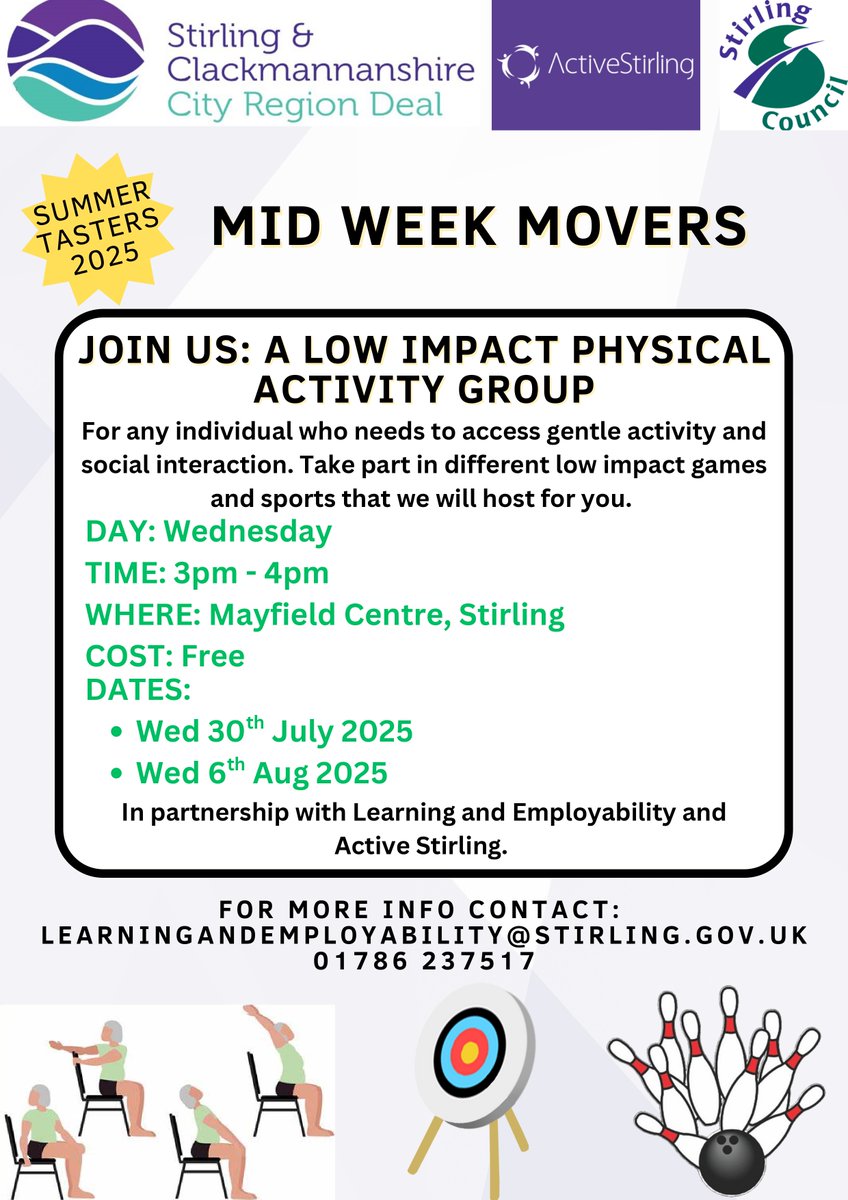 StirLearnEmploy's tweet image. Are you looking to improve your physical wellbeing with some #lowimpactexercises?

Our FREE Summer Taster sessions for our Mid Week Movers programme starts on the 30th July and the 6th August!

Be sure to pop along to see if the programme is for you~ ☺
#wellbeing #stirling