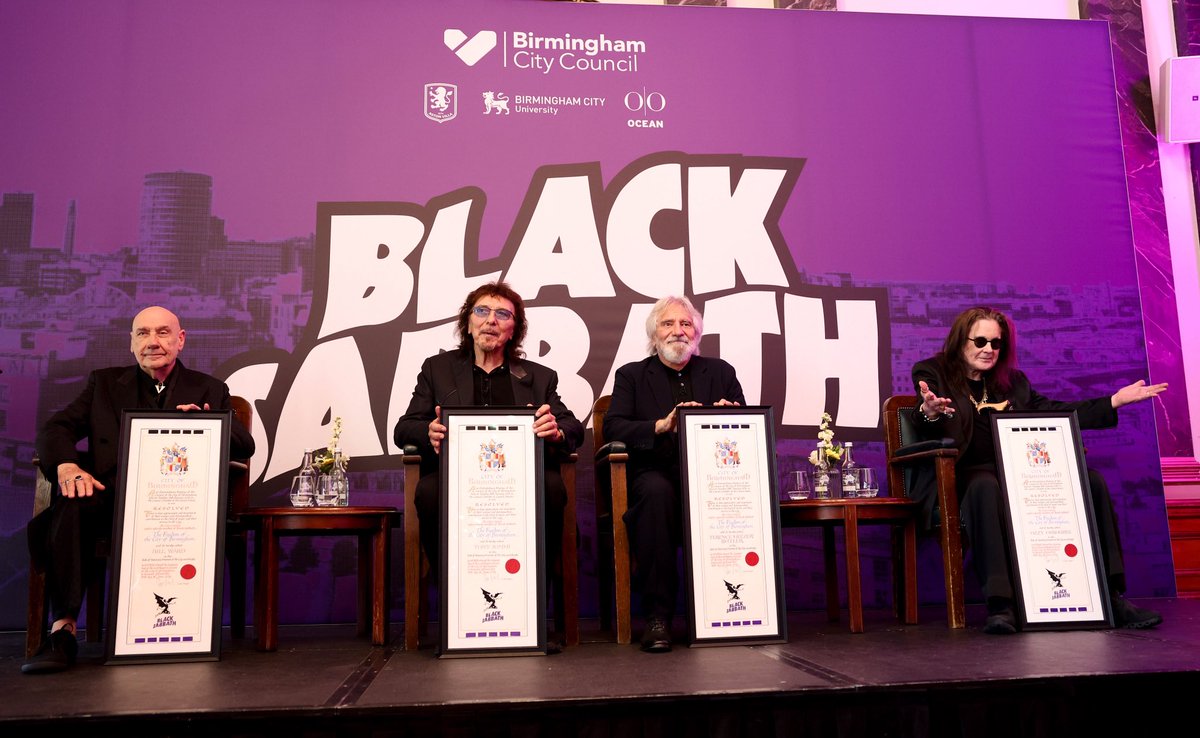 OzzyOsbourne's tweet image. Black Sabbath were awarded the Freedom of the City of Birmingham at a ceremony in the Council House on Saturday.
At the ceremony, the original band members of Terence “Geezer” Butler, Tony Iommi, Ozzy Osbourne, and Bill Ward were presented with their Freedom of the City scrolls…