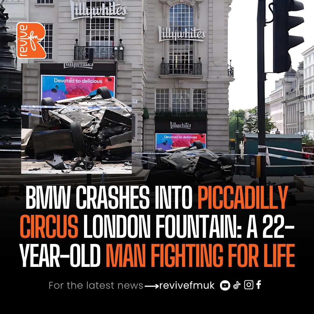 The car was overturned near the Shaftesbury Memorial Fountain, and rescuers found two men in the car, injured. One is suffering from life-threatening conditions.
Road closures are in place around Piccadilly Circus.

#revivefmuk #piccadillycircus #shaftesburymemorialfountain