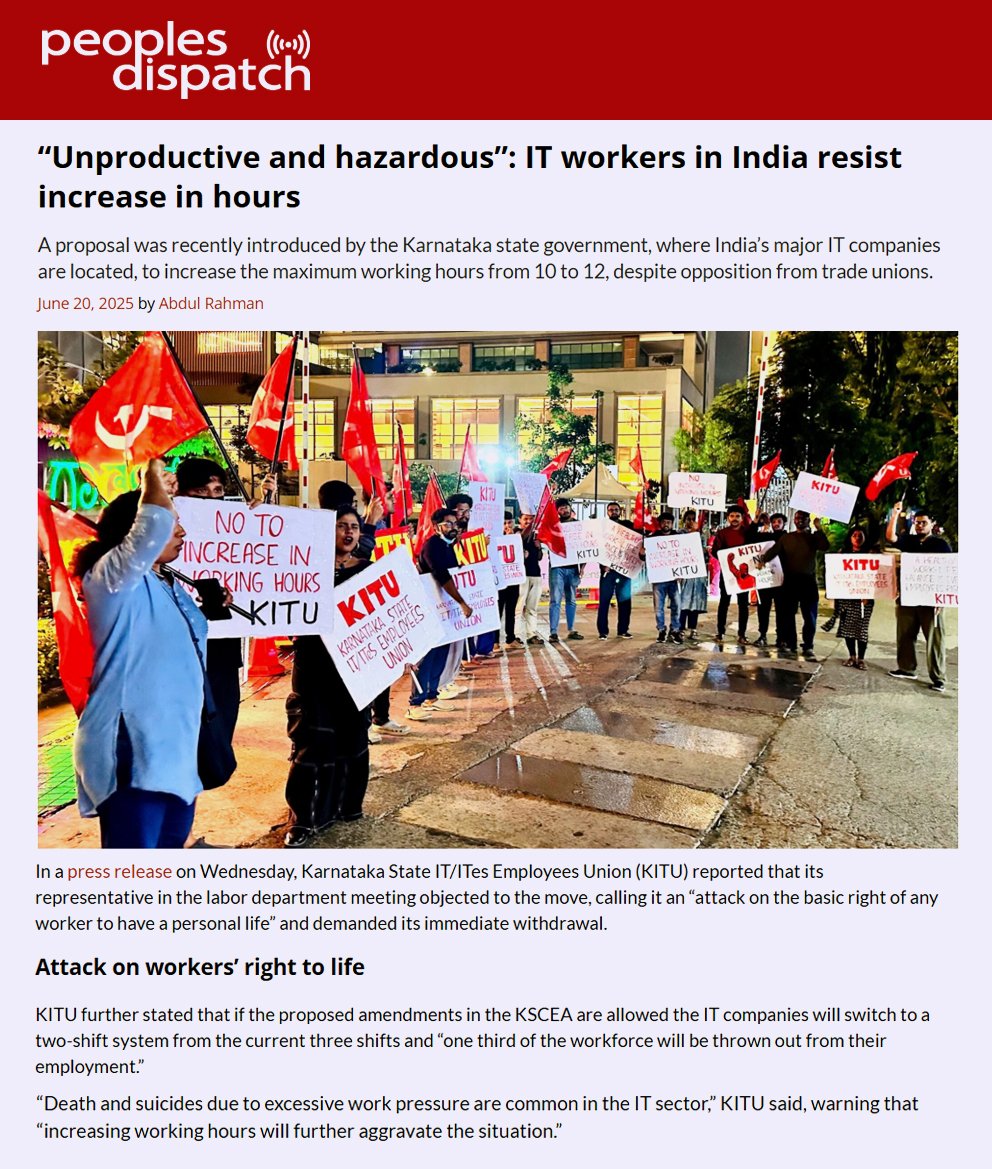 kitu_hq's tweet image. 'Peoples dispatch' reports KITU's opposition to the #Karnataka government's move to increase the working hours of IT/ITES/BPO employees to 12 hours a day.
Resist #12hrWorkDay
@peoplesdispatch