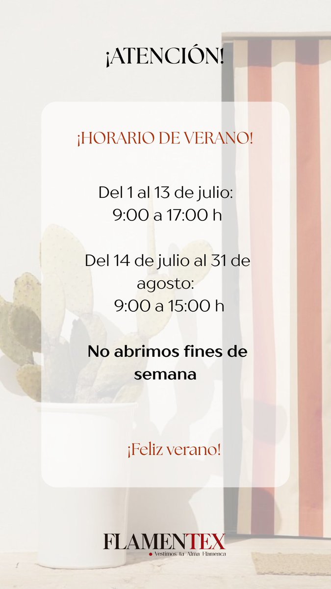 ¡Y... mañana empieza horario de verano en Flamentex!

#modaandaluza #tiendadetejidos #verano