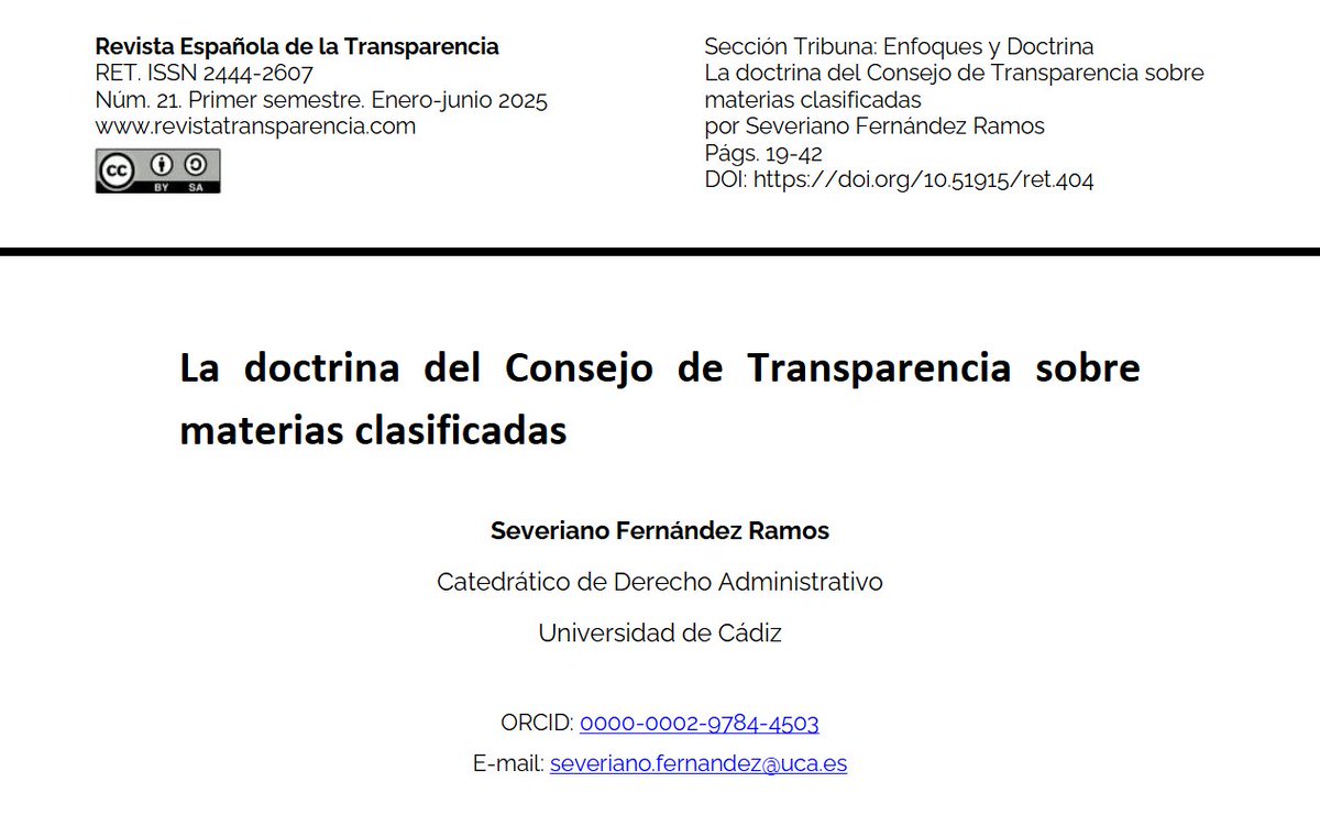 Revista Española de la Transparencia #RET (@retransparencia) on Twitter photo La sección «Doctrina y enfoques» de nuestro último número #RET21 publica la investigación de Severiano Fernández Ramos (<a href="/univcadiz/">Universidad de Cádiz</a>): «La doctrina del Consejo de Transparencia sobre materias clasificadas» 📁🔐
Puedes acceder al artículo aquí 👇
🔗revistatransparencia.com/ojs/index.php/… La sección «Doctrina y enfoques» de nuestro último número #RET21 publica la investigación de Severiano Fernández Ramos (<a href="/univcadiz/">Universidad de Cádiz</a>): «La doctrina del Consejo de Transparencia sobre materias clasificadas» 📁🔐
Puedes acceder al artículo aquí 👇
🔗revistatransparencia.com/ojs/index.php/…