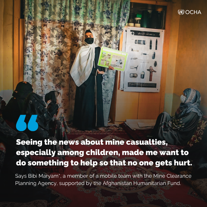 OCHAAfg's tweet photo. In #Afghanistan, 55 people are killed or injured by landmines and explosive ordnance every month — 4 in 5 are children. 

In Kunduz, Bibi Maryam* is educating families and saving lives. But funding cuts threaten this vital work.

🔗 Learn more ⤵️