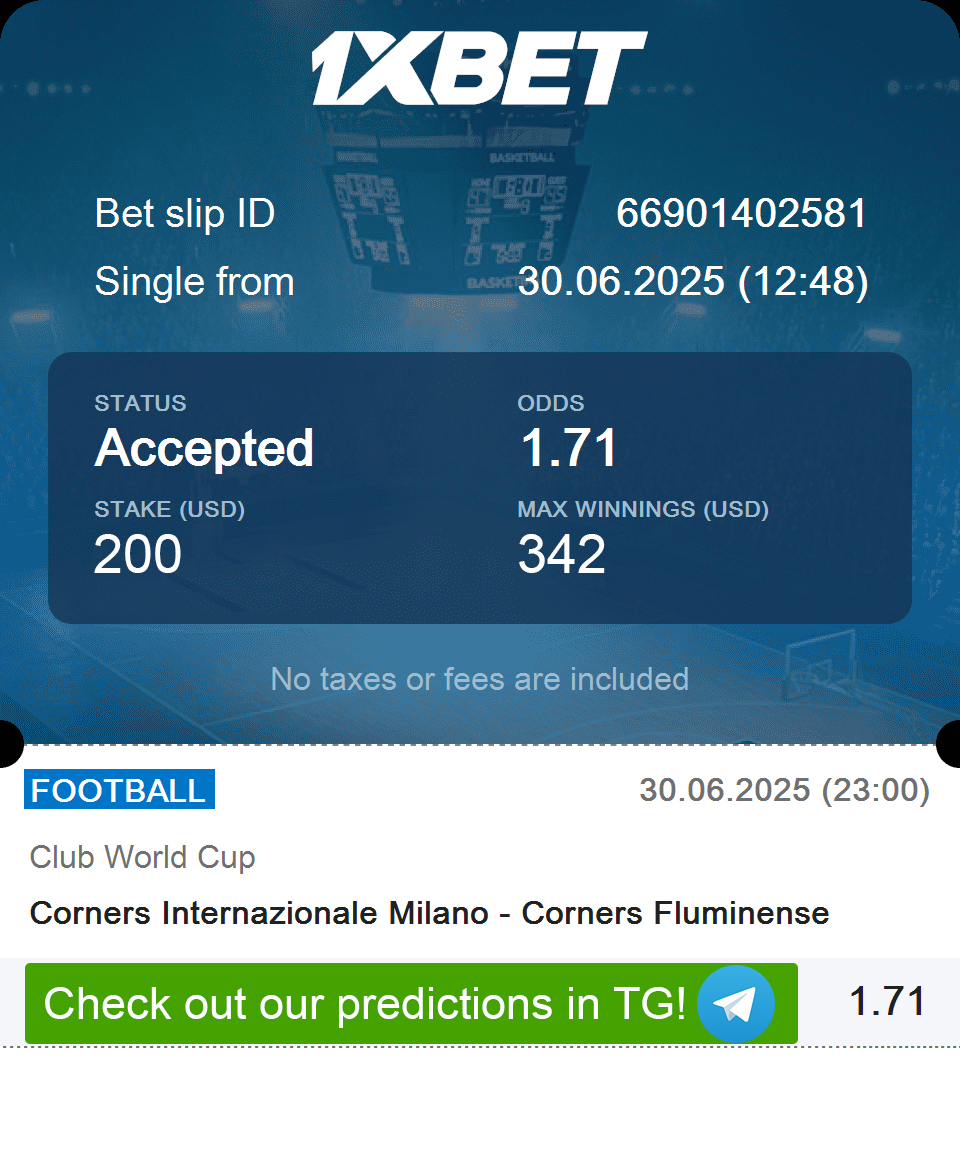 FCBetMaster's tweet image. 🏆Club World Cup Corners Special!
 🇮🇹 Internazionale Milano vs 🇧🇷 Fluminense
💰 Potential Winnings: $342
💵 Stake: $200
📈 Odds: 1.71

Expecting a fast-paced, attack-heavy match with plenty of action down the wings. More in Bio!

#ClubWorldCup #Fluminense #InterMilan