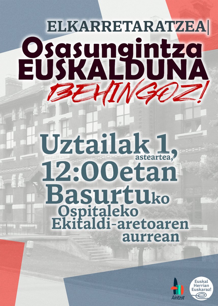 BIHAR, Euskal Herri osorako osasungintza euskalduna aldarrikatuko dugu✊ 

Osasun arloa euskalduntzea ezinbesteko urratsa baita sistemaren kalitatea eta pazienteek nahiz profesionalak euskaraz bizitzeko.

📌12:00etan, Basurtun (Montevideo etorbidea 18, ekitaldi aretoaren aurrean)
