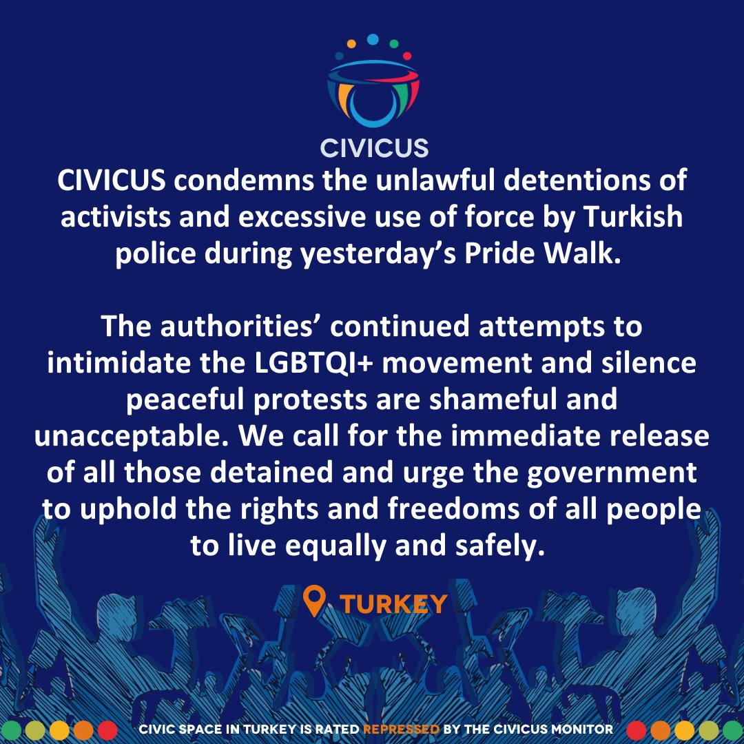 CIVICUS (@civicusalliance) on Twitter photo 🇹🇷🏳️🌈#Turkey: Police violently broke up #Istanbul #Pride, detaining around 55 activists, journalists & lawyers.
Amid a ban on #LGBTQI+ events, people were arrested even in unrelated areas—targeted for how they looked. <a href="/istanbulpride/">İstanbul LGBTİ+ Onur Haftası</a> 🇹🇷🏳️🌈#Turkey: Police violently broke up #Istanbul #Pride, detaining around 55 activists, journalists & lawyers.
Amid a ban on #LGBTQI+ events, people were arrested even in unrelated areas—targeted for how they looked. <a href="/istanbulpride/">İstanbul LGBTİ+ Onur Haftası</a>