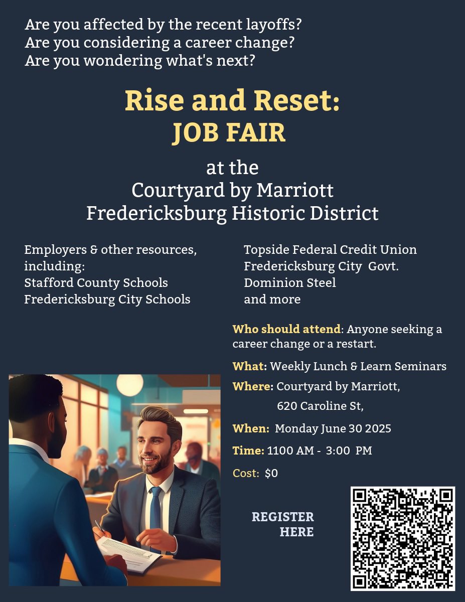 Today in Fredericksburg!
🌞 Rise and Reset: Job Fair 🤝
Date: June 30, 2025
Time: 11:00-3:00pm
Location: Courtyard by Marriott
Address: 620 Caroline Street, Fredericksburg, VA 22401

⬇️Use the information below the pre-register for this event ⬇️
#hiring #virginiacareerworks