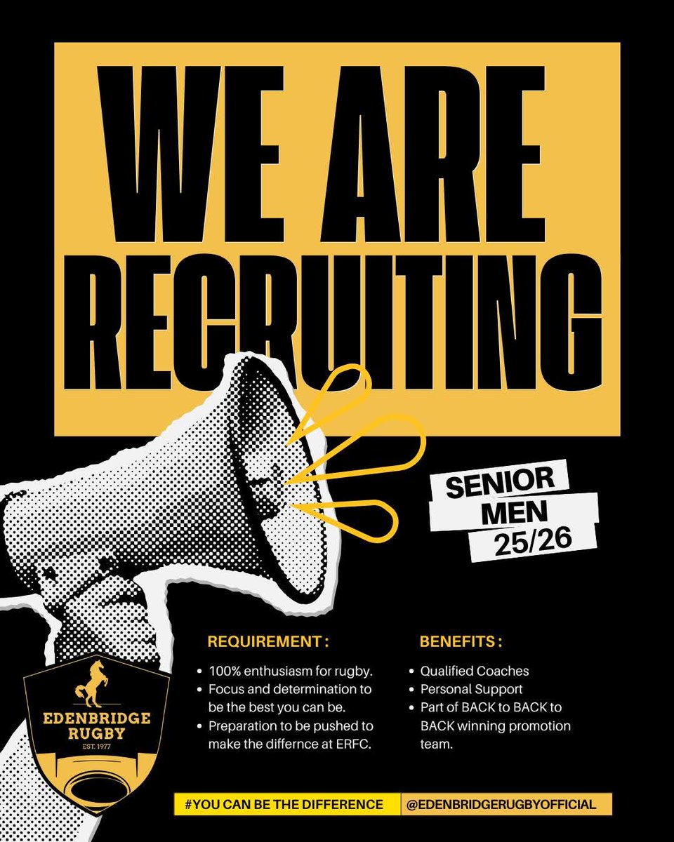 Join a Winning Team – Edenbridge RFC Wants YOU! 🏆

We're fresh off a promotion-winning season, and Edenbridge RFC is looking for Players to strengthen their 1st XV Mens squad for the challenges 

#edenbridgerfc  #rugbyfamily  #seniormensrugby  #NewSeasonNewGoals  #Rugby