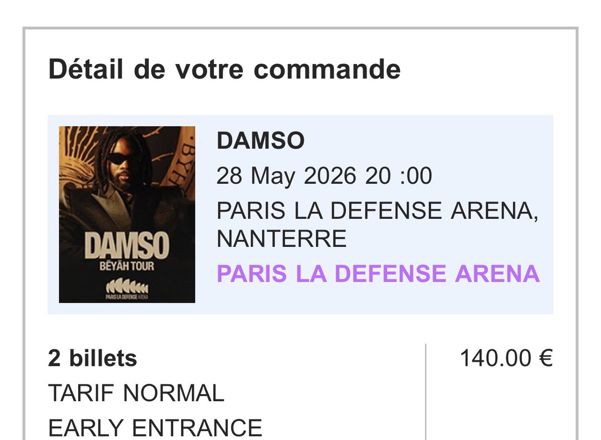 grrrrdemon's tweet photo. Hello,

Je vends 2 places en Fosse Early pour le Concert de Damso à Paris La Défense Arena Nanterre.

N’hésitez pas à me MP 🫶 https://t.co/hZcvOxiGDp