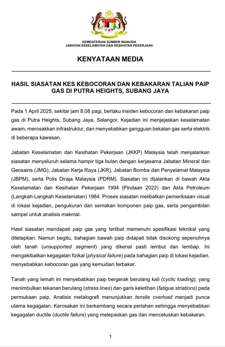 doshmalaysia's tweet photo. -[KENYATAAN MEDIA]-

HASIL SIASATAN KES KEBOCORAN DAN KEBAKARAN TALIAN PAIP GAS DI PUTRA HEIGHTS, SUBANG JAYA. https://t.co/vEPVV0sMNi