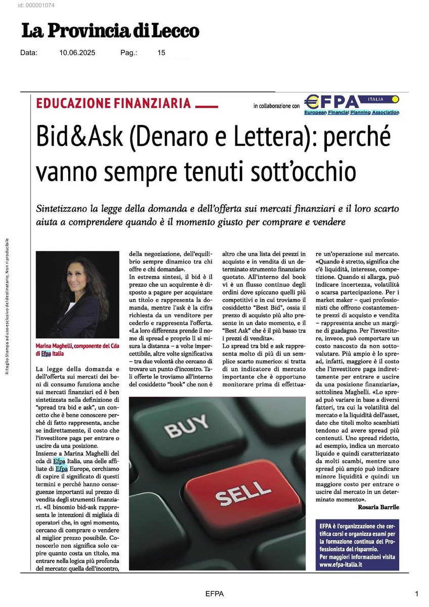 "Bid &amp; Ask", cosa ci dicono dei mercati finanziari? E il loro differenzialo, lo #spread? Leggilo nell’intervista a Marina Maghelli, del CdA di Efpa, Italia, nel consueto appunto in-formativo finanziario su “Economia &amp; Risparmio” 👇
efpa-italia.it/bidask-denaro-…