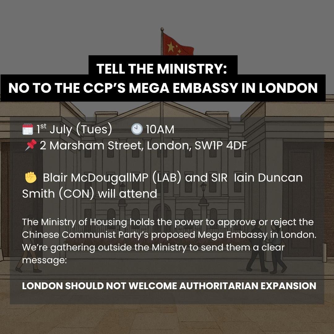 Stop Uyghur Genocide (@uyghurstop) on Twitter photo 🚨 PROTEST TOMORROW 10AM! 🚨
📢 Demonstration outside the decision-maker’s office — Tuesday 1st July, 10AM.
🗣️ MPs, residents & dissident groups will be there.
🚫 Say NO to the mega-embassy! Be there, make your voice heard! ✊
<a href="/MahmutRahima/">Rahima Mahmut</a>
<a href="/DavidAltonHL/">Lord (David) Alton</a>
<a href="/CommunityUyghur/">UK Uyghur Community</a> 🚨 PROTEST TOMORROW 10AM! 🚨
📢 Demonstration outside the decision-maker’s office — Tuesday 1st July, 10AM.
🗣️ MPs, residents & dissident groups will be there.
🚫 Say NO to the mega-embassy! Be there, make your voice heard! ✊
<a href="/MahmutRahima/">Rahima Mahmut</a>
<a href="/DavidAltonHL/">Lord (David) Alton</a>
<a href="/CommunityUyghur/">UK Uyghur Community</a>