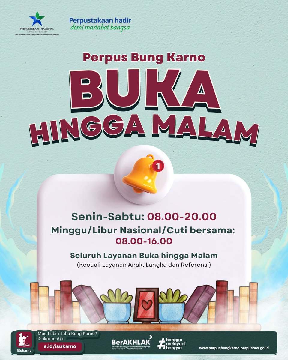 bungkarnolib's tweet photo. Kabar gembira untuk Sobat Pustaka semua bahwa pada bulan Juli, Perpus Bung Karno buka sampai malam lho!🤗
Minpus tunggu kunjungannya ya, Sob!😉
#perpustakaan #librarynight #perpusnas #layanan #perpusbungkarno https://t.co/YRK5vqIkz0