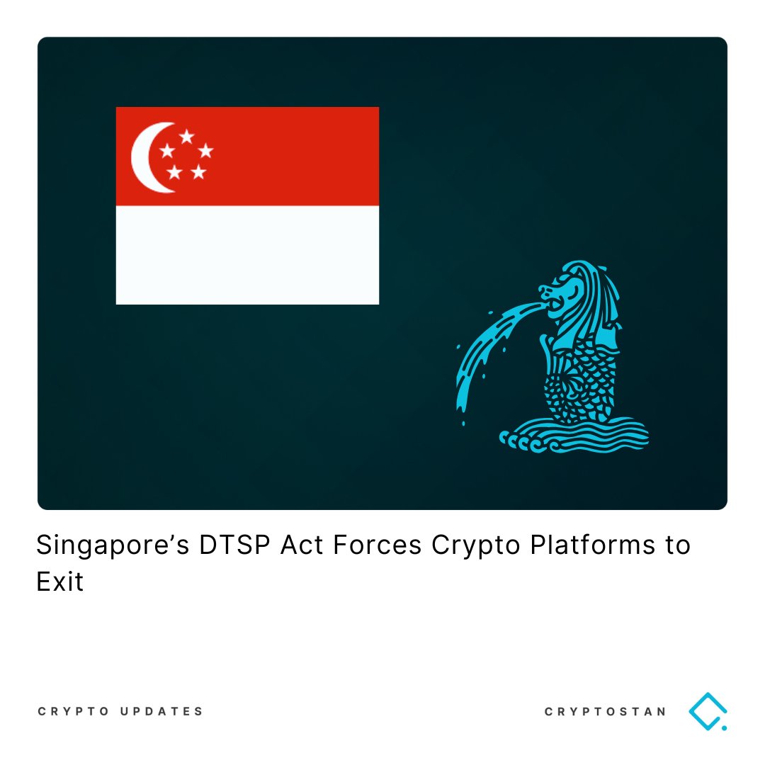 The_Cryptostan's tweet image. Singapore’s DTSP Act took effect today, requiring all unlicensed digital token service providers to halt operations immediately, including those serving overseas users. 

#singapore #regulation #cryptodynamics #cryptostan #thecryptocountry #defi