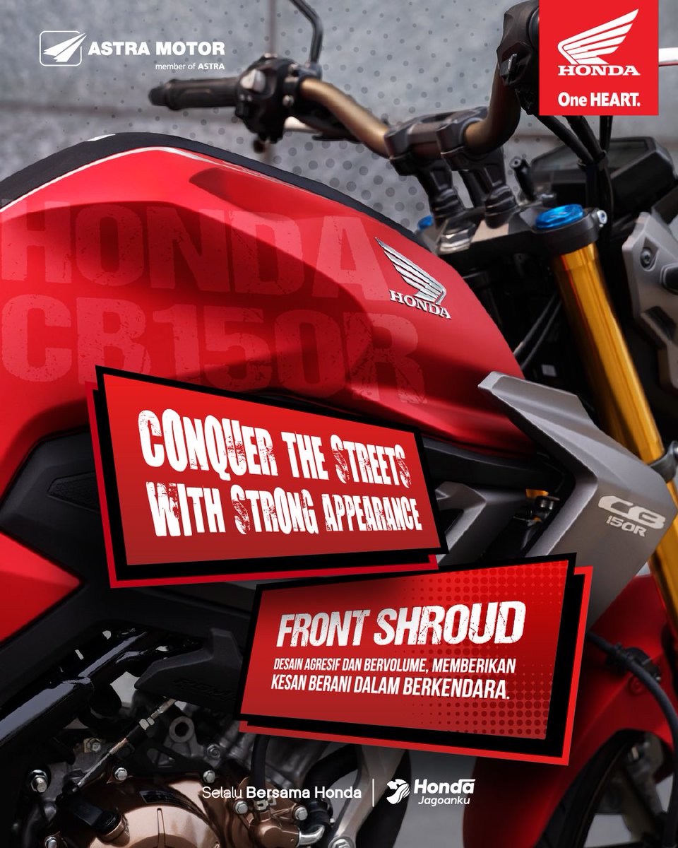 Bukan cuma performa, tampilan juga harus strong. 🔥

CB150R punya front shroud yang bikin tampilan motor lebih terlihat agresif dan bervolume.

Bisa makin gaspol di jalan toh, BroSis? 💯

#Honda #HondaJagoanku #CB150R