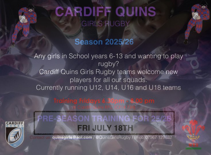 Quins Girls Rugby (@quinsgirlsrugby) on Twitter photo Any girls in/nr Cardiff wanting to play rugby?.
Cardiff Quins <a href="/QuinsGirlsRugby/">Quins Girls Rugby</a> <a href="/CardiffQuinsRFC/">Cardiff Quins RFC</a> run girls sides for those at U12, U14, U16 + U18 age levels.
New players always welcome.
Pre-season starts July 18th at Cardiff Quins RFC. Contact info etcโฌ๏ธ.
#girlsrugby ๐๐ด๓ ง๓ ข๓ ท๓ ฌ๓ ณ๓ ฟ Any girls in/nr Cardiff wanting to play rugby?.
Cardiff Quins <a href="/QuinsGirlsRugby/">Quins Girls Rugby</a> <a href="/CardiffQuinsRFC/">Cardiff Quins RFC</a> run girls sides for those at U12, U14, U16 + U18 age levels.
New players always welcome.
Pre-season starts July 18th at Cardiff Quins RFC. Contact info etcโฌ๏ธ.
#girlsrugby ๐๐ด๓ ง๓ ข๓ ท๓ ฌ๓ ณ๓ ฟ