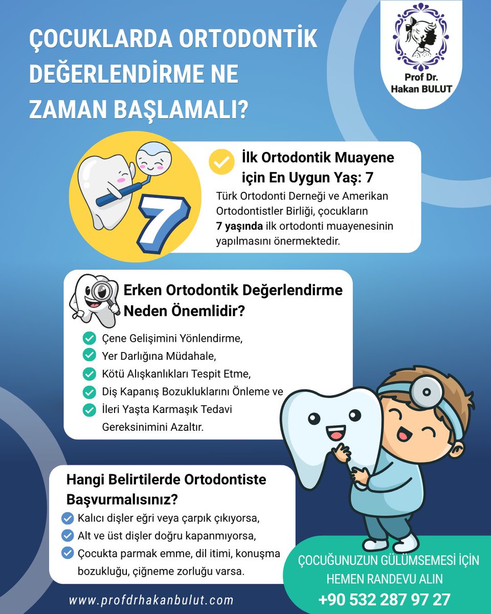 profhakanbulut's tweet photo. 🦷 Çocuklarda ilk ortodontik muayene yaşı: 7
✅ Çene gelişimi
✅ Kapanış bozukluğu
✅ Parmak emme alışkanlıkları
Erken teşhis, karmaşık tedavilerin önüne geçer!
📲 +90 532 287 97 27
#ÇocukOrtodontisi #İzmirOrtodonti #ProfDrHakanBulut https://t.co/oAP3KW1T54