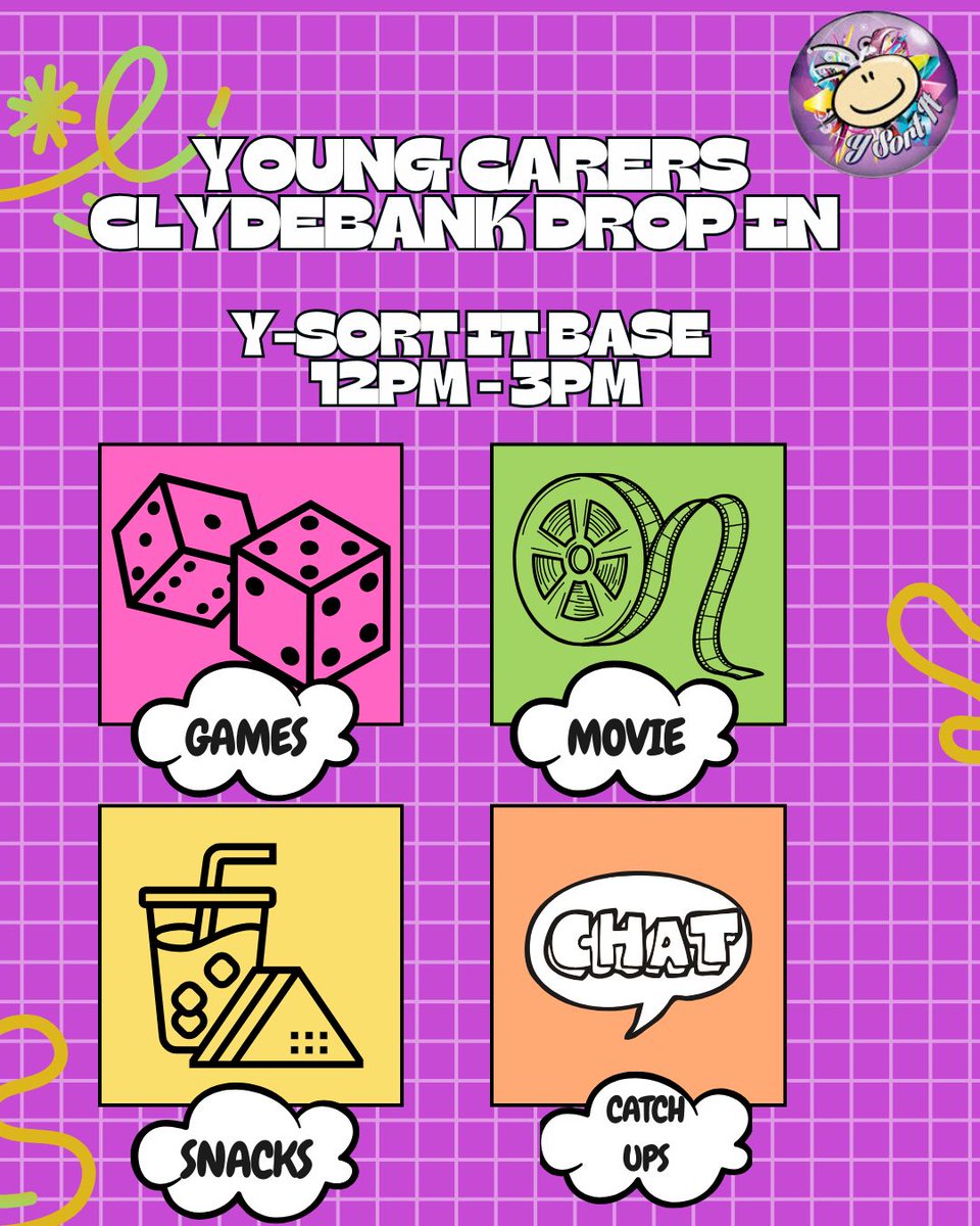 🎬 Young Carers Drop-In – Tomorrow! 🎮
📍 Y Sort-It Base, Clydebank
🕛 Tuesday 1st of July, 12pm – 3pm

Come along and hang out!
Watch a film, chat with your worker, or challenge us to some games.
Relax, have fun, and take a well-deserved break – we’d love to see you there!