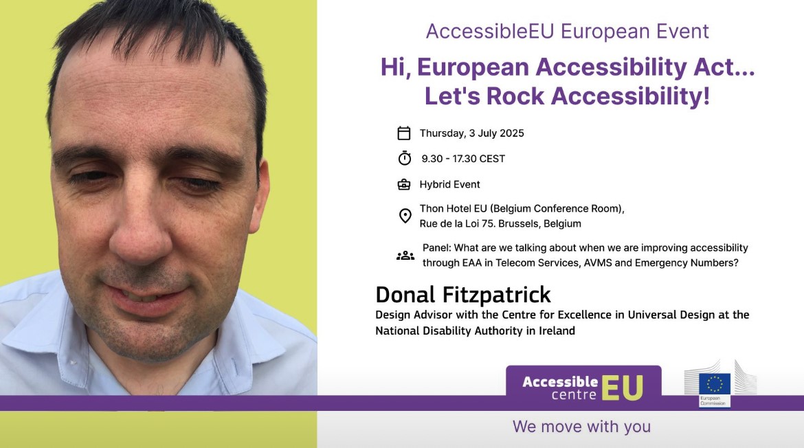 NDAIreland's tweet image. This Thursday, #AccessibleEU are hosting an event to mark the entry into force of the #EAA
Our @CEUD_NDA colleague, Dónal Fitzpatrick, will moderate a discussion about improving accessibility in telecom services, emergency numbers & AVMS.
Register here: accessible-eu-centre.ec.europa.eu/content-corner…
