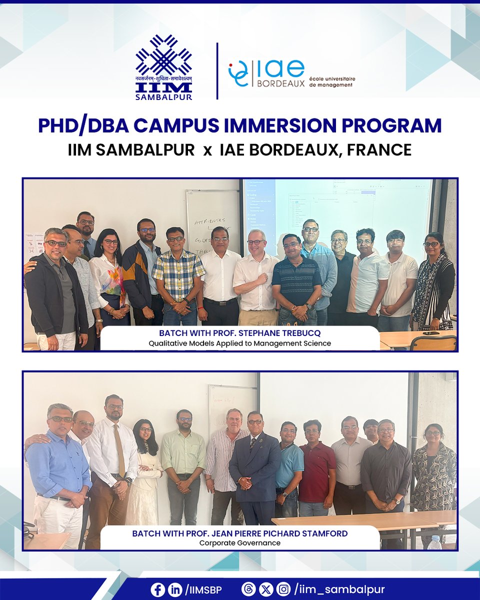 iim_sambalpur's tweet photo. Global Immersion | #IIMSambalpur x #IAEBordeaux France

We are pleased to share highlights from the two-week PhD/DBA Campus Immersion Program hosted at IAE #BordeauxUniversity #France, a cornerstone of the prestigious joint #doctoral partnership with #IIMSambalpur.

#PhDProgram https://t.co/k3uc7EMRdf