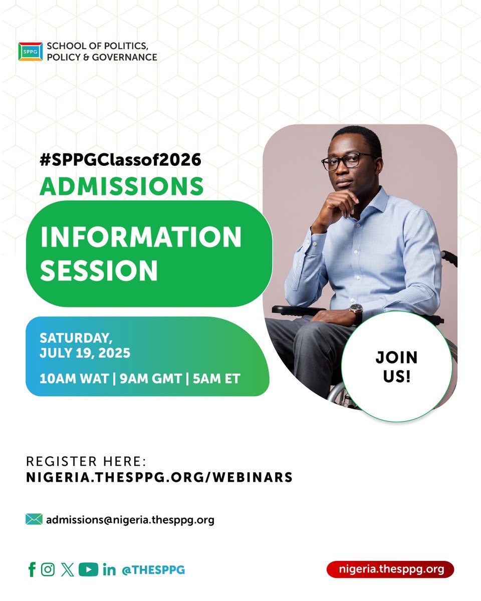 Missed the first #SPPGClassOf2026 Admissions Info Session?  

We’ve got you covered.  

The second edition will take place on July 19, 2025! 

Join us to learn about the SPPG program, our unconventional curriculum, world-class faculty, and available scholarships. 

Plus, get your