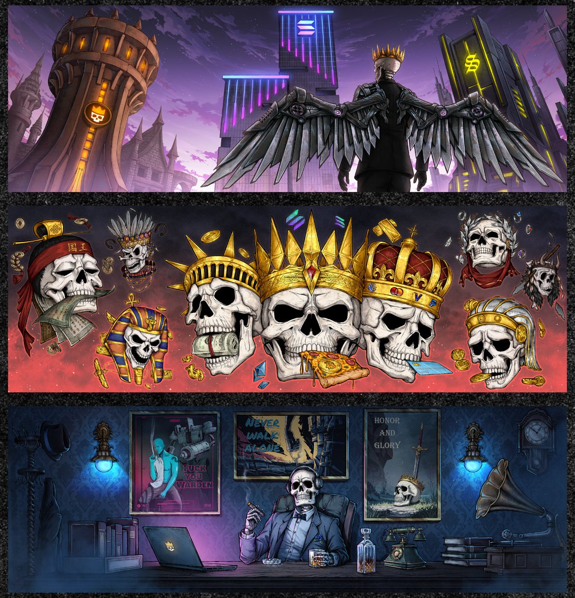 3 custom banners I made for the legends of <a href="/DeadKingSociety/">Dead King Society</a> ⚔️

For <a href="/callahan_dks/">Callahan | Solflare</a> — a king standing between eras. From medieval castles to neon skylines, each tower represents a community: DKS, Solana, Solflare

For <a href="/DeadKingSociety/">Dead King Society</a> — “Evolution of Money”. Skulls, crowns, crypto