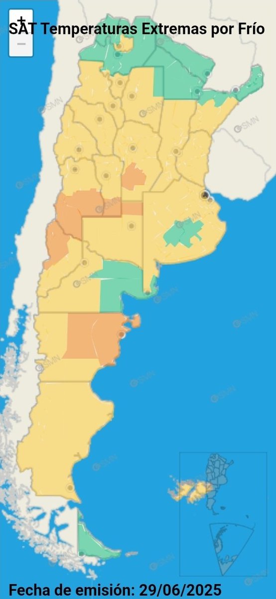 30 JUN ⚠️ #Alertas para hoy:

⚠️ Temperaturas extremas: 🥶 #frío
🟧 Efecto moderado a alto en la salud
🟨 Efecto leve a moderado en la salud

📲 Más información y recomendaciones: 
smn.gob.ar/alertas