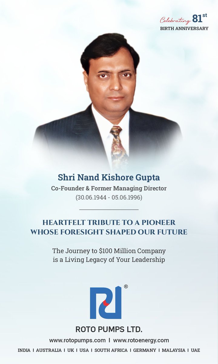 Remembering A Pioneer 💐
On his 81st birth anniversary, we remember and celebrate our esteemed visionary leader, Late Mr. N.K. Gupta. Our journey to becoming a $100 million company stands as a living legacy of his leadership.
#BirthAnniversary #Tribute #NKGupta #RotoPumps