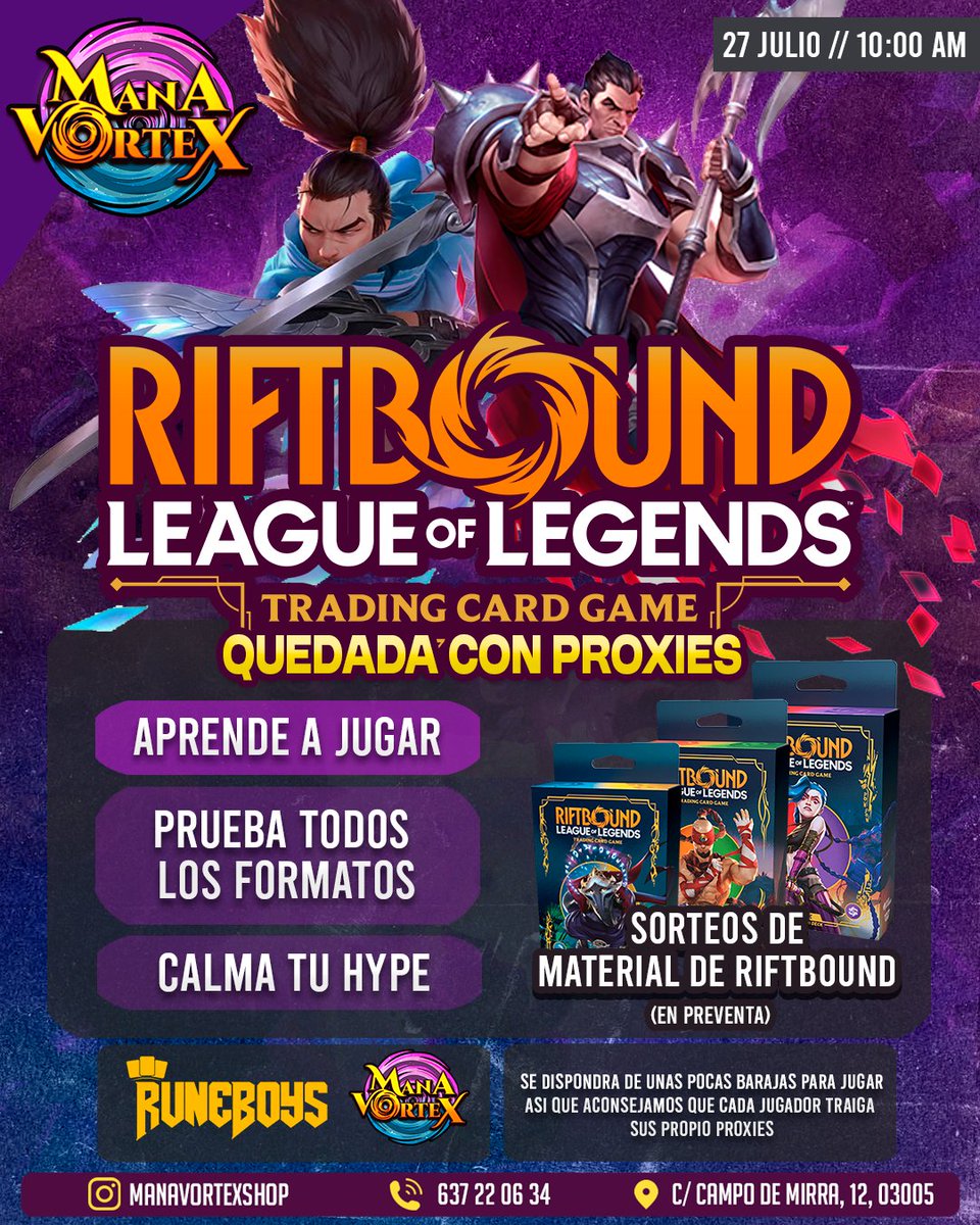 🌀SUPER QUEDADA RIFTBOUND🌀

El proximo 27 de Julio vamos a celebrar una mega quedada de <a href="/playriftbound/">Riftbound</a> junto con nuestros buenos amigos de <a href="/RuneboysYT/">RUNEBOYS</a> 

Aprende a jugar
Prueba todos los formatos
Conoce a la futura comunidad
Calma el HYPE

Y.. SORTEOS de material en reserva de