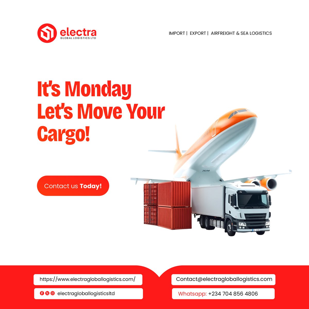 Electraglobal_'s tweet image. 🚛 It’s Monday let’s move your cargo! 

Ship from SA, USA, Europe &amp;amp; UK to Nigeria fast &amp;amp; stress-free with Electra.

Big or small, we handle it all.
Contact us today 07048564806!
.
.
#ShipWithElectra #LogisticsMonday #CargoExperts