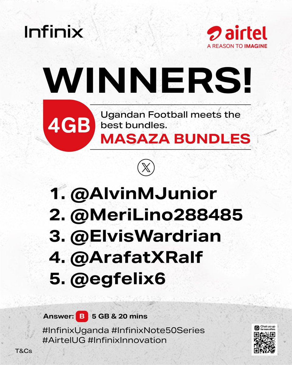infinixuganda's tweet photo. 🎉 Congratulations to the Winners! 🎉
A big shoutout to all the champions who participated in our previous @Airtel_Ug game, your energy was unbelievable! 💪

Stay tuned for more exciting games coming your way! 

#AirtelUG #GameOnWithAirtelUg #InfinixNOTE50Series #Mega4Dayz https://t.co/rgsI9wILDI