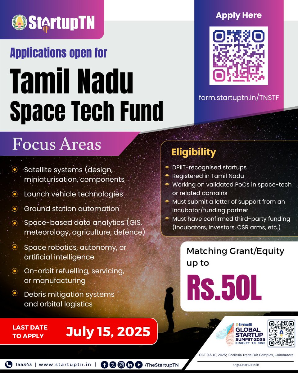 🚀 Launch Your Innovation with the Tamil Nadu Space Tech Fund! 🌌

Are you a DPIIT-recognised startup in Tamil Nadu working on breakthrough space-tech solutions? This is your moment to scale new heights!

🌟 StartupTN invites applications for the ₹10 Cr Space Tech Fund—a