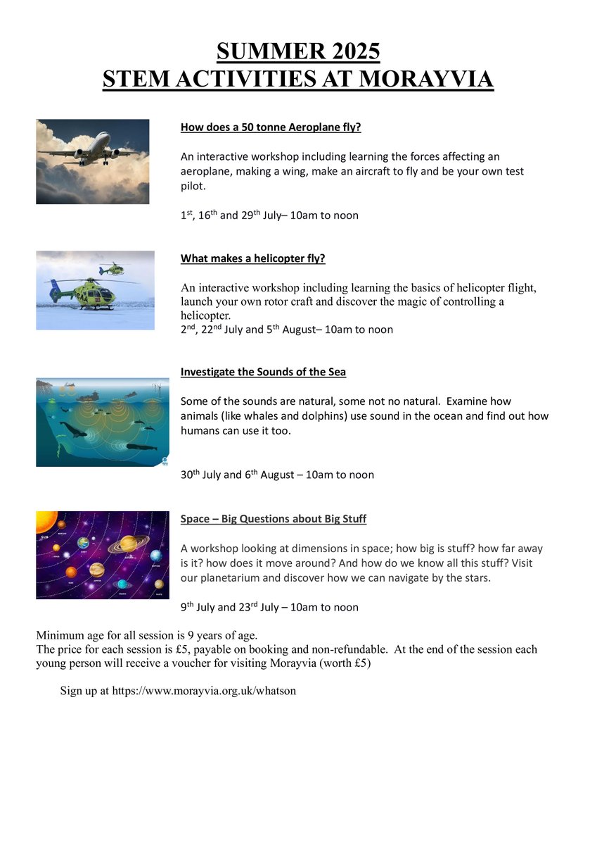 DYWMoray's tweet image. Between Tuesday 1st July and Wednesday 6th August 2025, Morayvia are hosting a range of events for young people aged 9 and above!
From finding out what makes a helicopter, to investigating sounds of the sea and more...📷
morayvia.org.uk/whatson