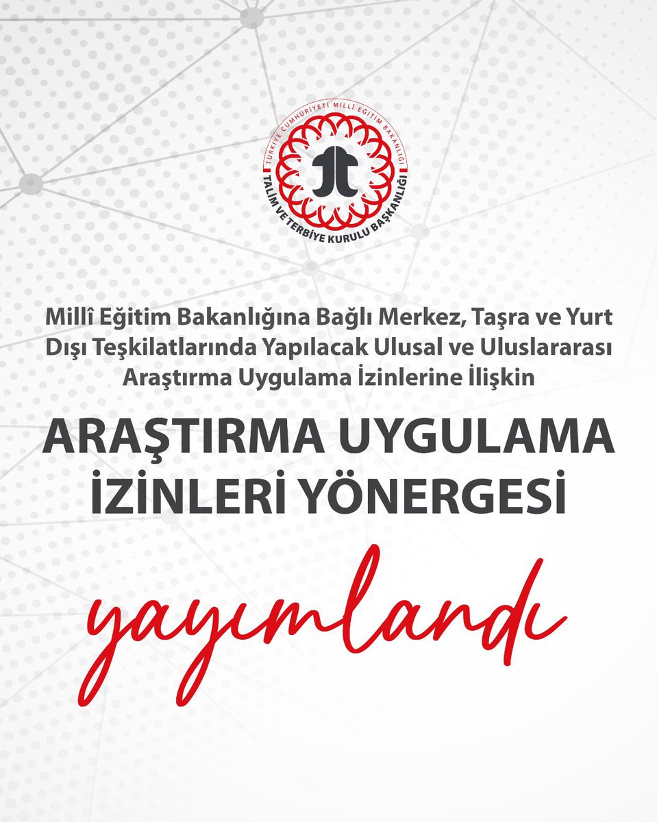 Millî Eğitim Bakanlığına bağlı birimlerde yapılacak araştırma uygulama izni başvurularına ilişkin usul ve esasları düzenleyen  “Araştırma Uygulama İzinleri Yönergesi” yayımlanmıştır. 
Detaylı bilgi için 👉 meb.ai/QgXmZ6