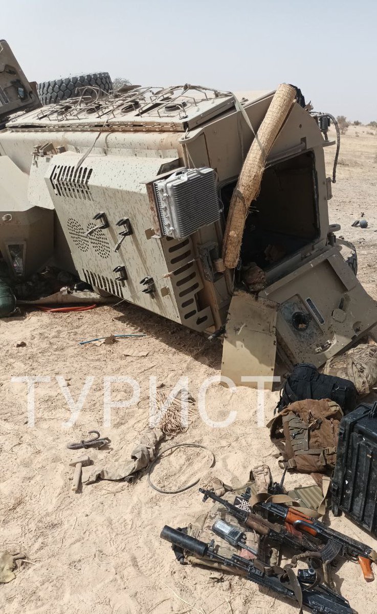 🇷🇺🇲🇱| Russian forces with a destroyed MRAP hit by an IED in northern Mali. At least 1 killed, several injured. Blast struck rear right wheel. Date of incident unclear; image may be from earlier. JNIM has intensified use of IEDs to ambush convoys.