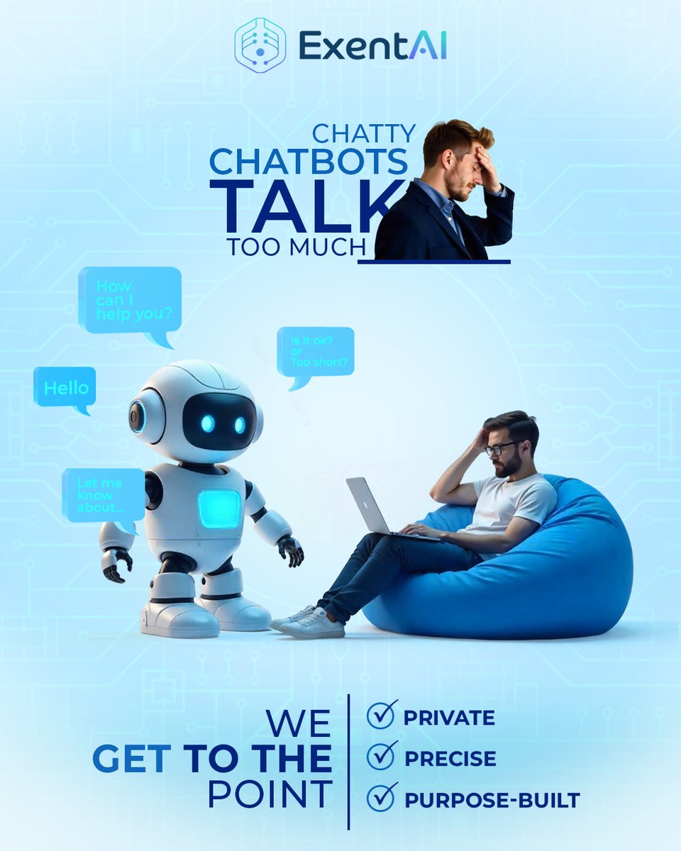 exentai's tweet photo. Tired of chatbots that talk too much and do too little? At ExentAI, we build chatbots that answer clearly, protect your privacy, and never overshare.
Start chatting smart.
👉 https://t.co/4qnlmSbsY9
#exentai #secureai #smartchatbot #privacyfirst #minimalai https://t.co/KzEN2m8Vdg