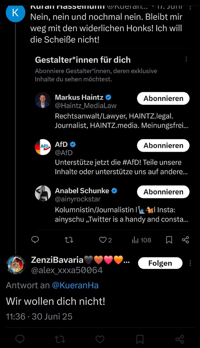 Küran Hasselhuhn (@kueranha) on Twitter photo Wenn mich irgendwelche dummen, rechten Arschlöcher nicht wollen, kann ich damit bestens leben, <a href="/alex_xxxa50064/">ZenziBavaria🖤🤎❤️🧡💛💙🇩🇪</a>. Wenn mich irgendwelche dummen, rechten Arschlöcher nicht wollen, kann ich damit bestens leben, <a href="/alex_xxxa50064/">ZenziBavaria🖤🤎❤️🧡💛💙🇩🇪</a>.
