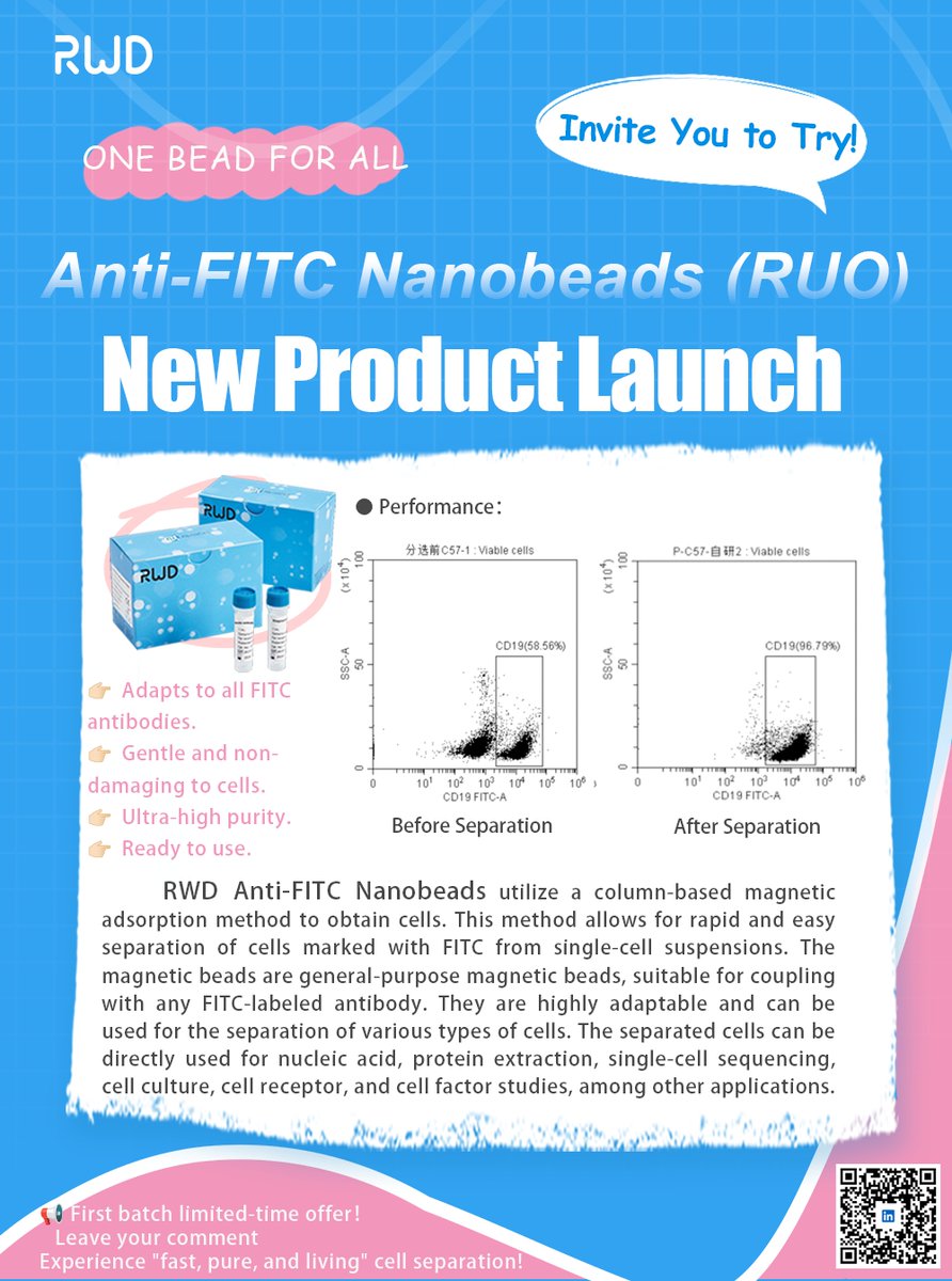 AdelaMa666's tweet image. 🚀RWD Universal Anti-FITC NanoBeads (RUO) - One Bead Fits All
✔ Universal: Works with ANY FITC Ab
✔ Gentle: >95% viability, no repurification
✔ Ready-to-use: Direct to sequencing/culture
💡Save time, costs & storage space!
DM for trial samples!
#CellSorting #Immunology #tumor